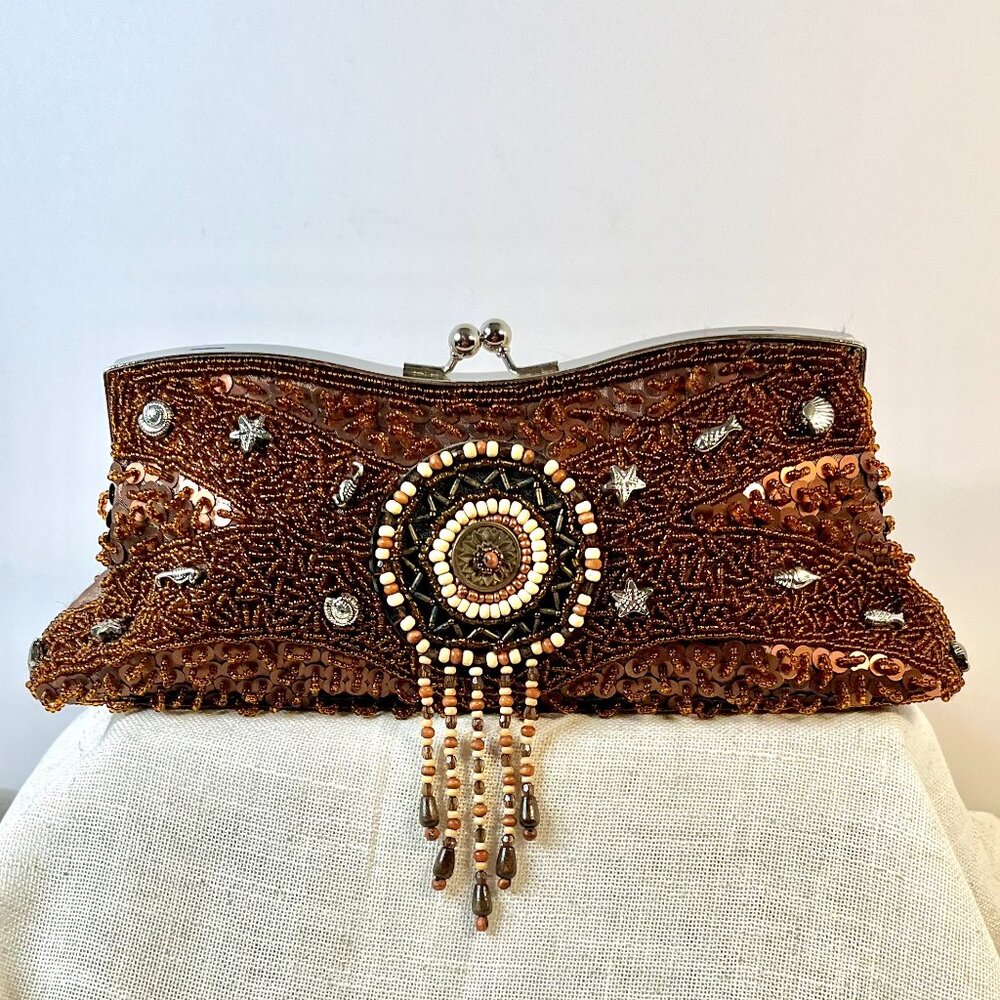 Brown Beaded Evening Clutch Ornate Embroidery & Silver Crossbody Chain